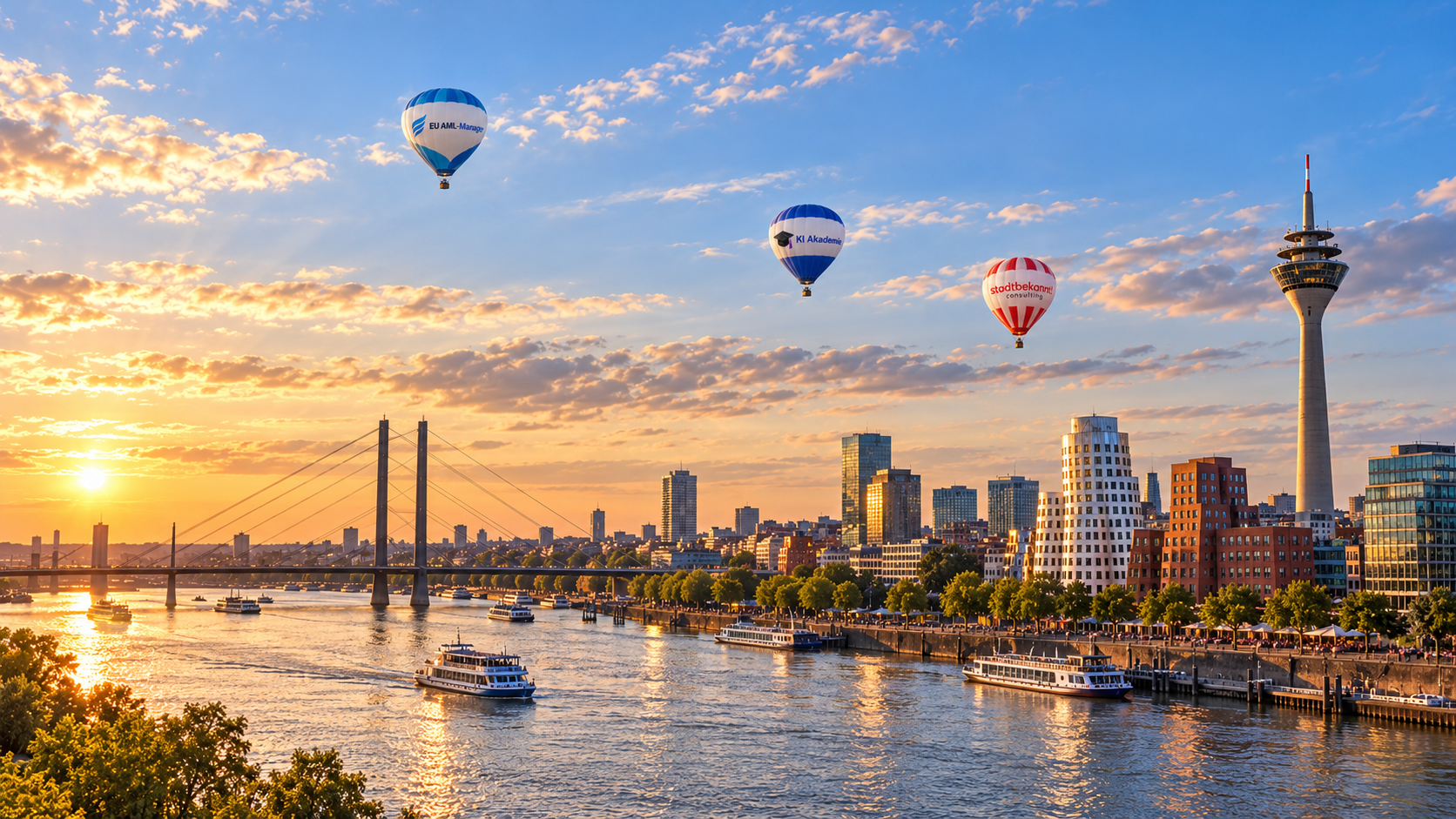 Düsseldorfer Skyline am Rhein, KI-generierte Illustration